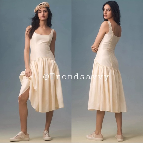 Anthropologie Dresses & Skirts - ANTHROPOLOGIE Hutch Sleeveless Drop Waist Square Neck Midi Dress Cream M NWT